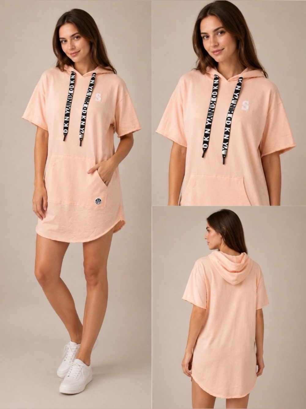 DKNY Peach Short-Sleeve Hooded Tunic with Black Logo Drawstrings. Size L/G/G